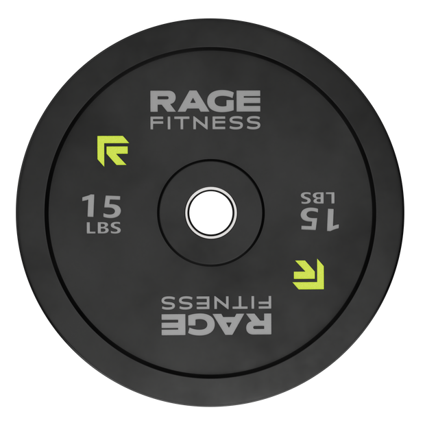 Rage Fitness 15 lb rubber bumper plate front view