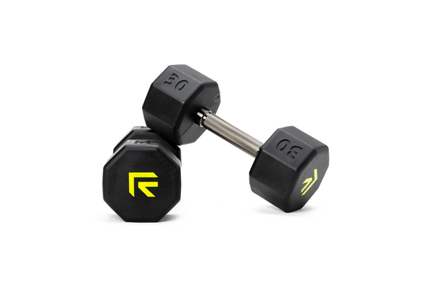 Pair of 30 lb octo rubber dumbbell by Rage Fitness
