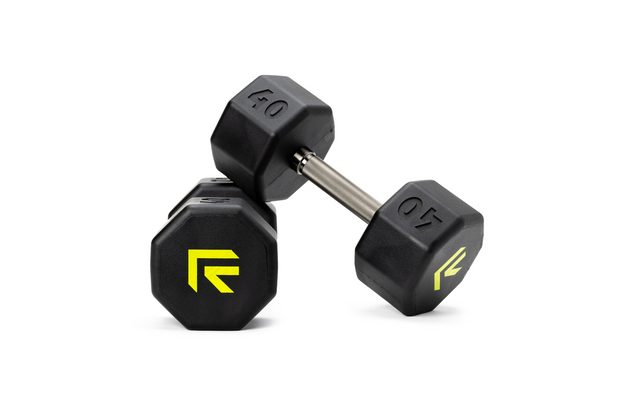 Pair of 40 lb octo rubber dumbbell by Rage Fitness