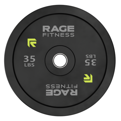 Rage Fitness 35 lb rubber bumper plate front view