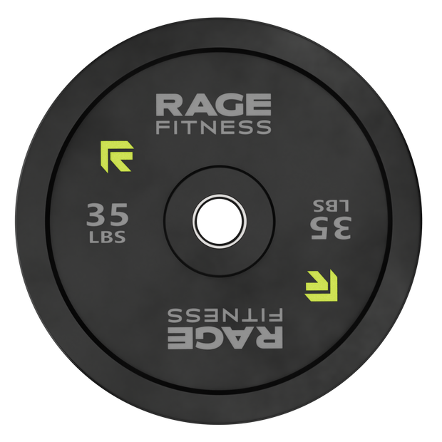 Rage Fitness 35 lb rubber bumper plate front view