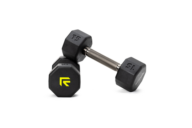 Pair of 15 lb octo rubber dumbbell by Rage Fitness