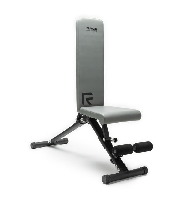 RAGE Fitness Foldable Adjustable Weight Bench in upright position